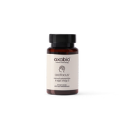 A single amber glass supplement bottle with a black cap and a white label reading 'axabio' and 'axafocus', centered on a plain white background.