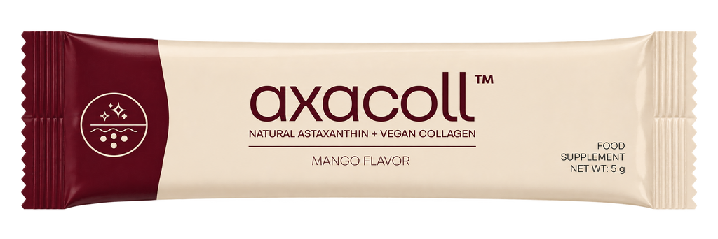 A single axacoll supplement stick pack in mango flavor, featuring a cream-colored body with a dark maroon left panel and black text.