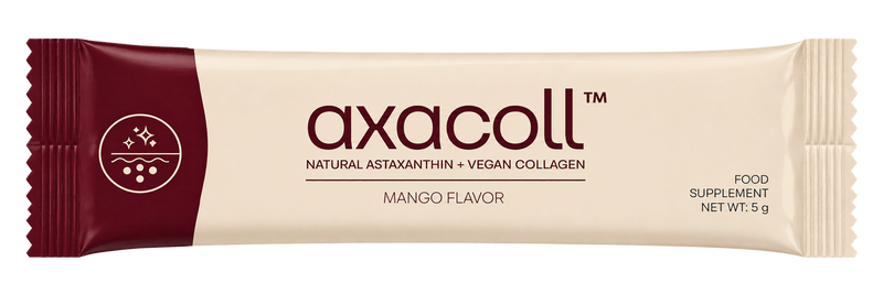 A single axacoll supplement stick pack in mango flavor, featuring a cream-colored body with a dark maroon left panel and black text.