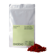 A silver stand-up pouch labeled 'axabio' and 'axafine S CWD' with a pale green front label, shown on a white background with a small pile of bright red powder in front.