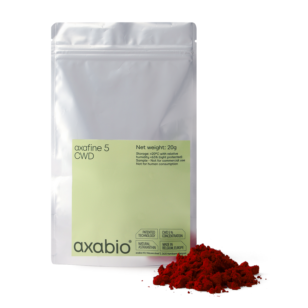 A silver stand-up pouch labeled 'axabio' and 'axafine S CWD' with a pale green front label, shown on a white background with a small pile of bright red powder in front.
