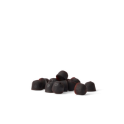 A small pile of dark chocolate-covered gummy candies with red edges, arranged on a seamless white background.