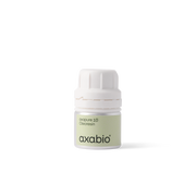 A small bottle of axabio acrylic paint in the shade Capture 10 Ochre, featuring a pale ochre green label and a white ribbed cap, set against a solid white background.