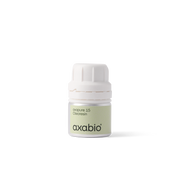 A small bottle of Axabio acrylic paint in color 15 Obsession, featuring a pale sage green paint inside and a white ribbed cap, set against a solid white background.